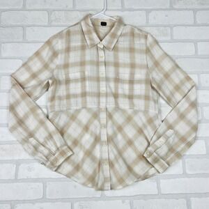 WE THE FREE Plaid Button‎ Down Shirt Tan Cream Long Sleeve Casual Top Small